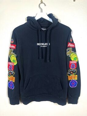 Young & Reckless Unisex Black Patch Sleeves Hoodie Sweatshirt Size Medium